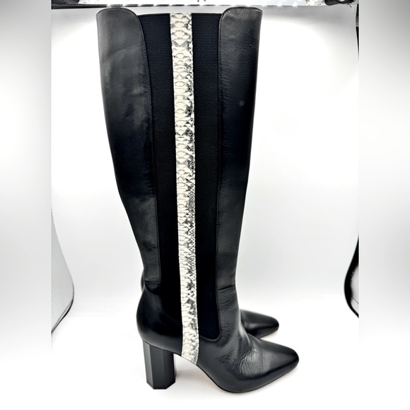 Donald J Pliner Lilt Black Leather Snakeskin Strip Tall Heeled Boots 7M - Picture 2 of 6